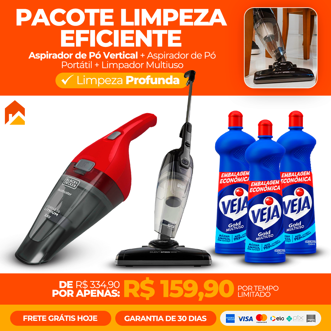 Pacote Limpeza Eficiente - Aspirador de Pó Vertical + Aspirador de Pó Portátil + Limpador Multiuso