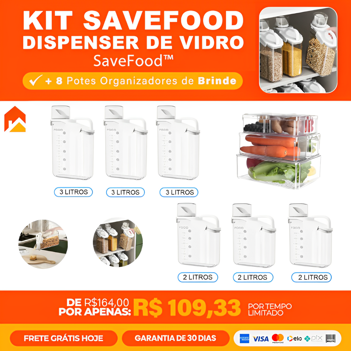 Kit Savefood™ - Dispenser De Vidro Para Alimentos + Potes organizadores de brinde