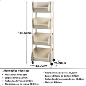 Kit 2 Carrinho Multiuso 4 Prateleiras em Plástico com Rodízio - Creme